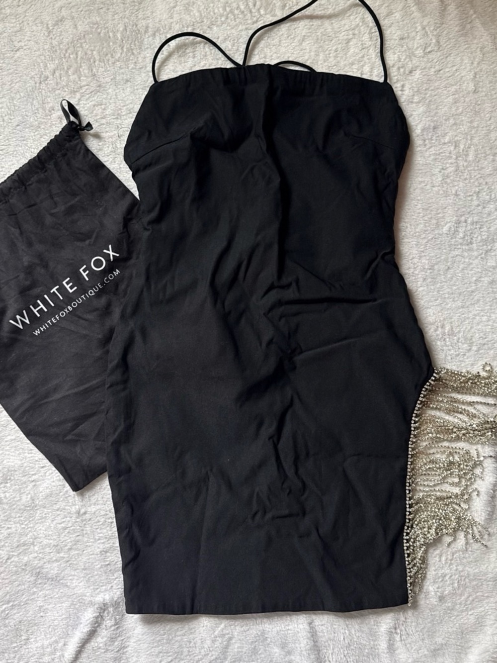 White Fox Boutique Black Asymmetrical Bodycon Dress with Chain Detail